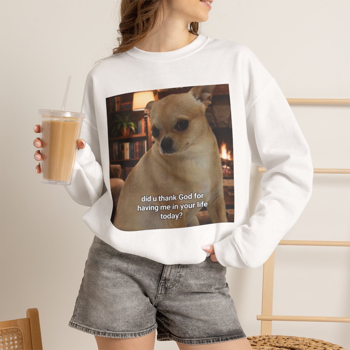 dhcnkh.jpg Funny Chihuahua Sweatshirt Cute Dog Lover Gift Cozy Pullover White