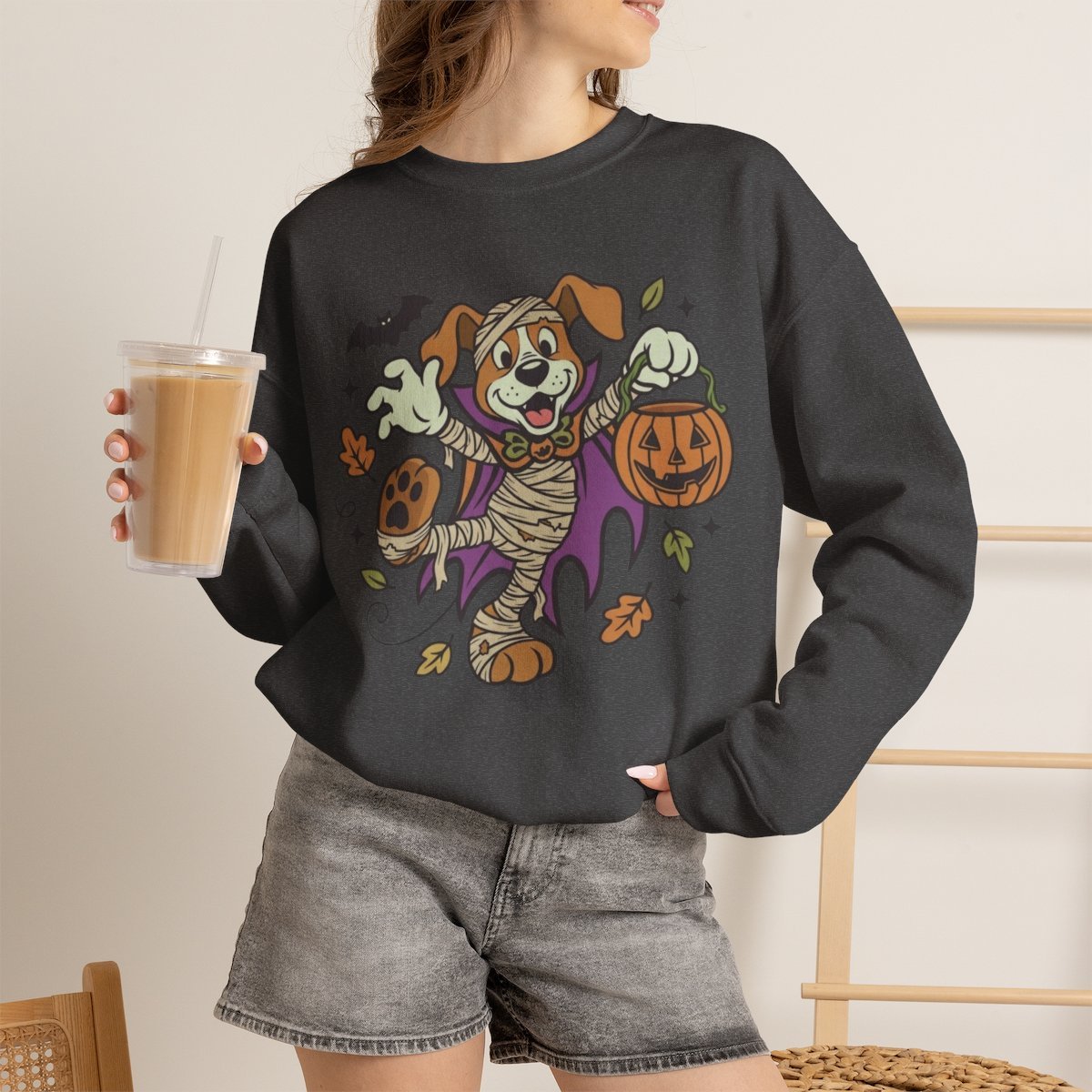 Cute Mummy Dog Halloween Sweatshirt for Pet Lovers Dark Heather