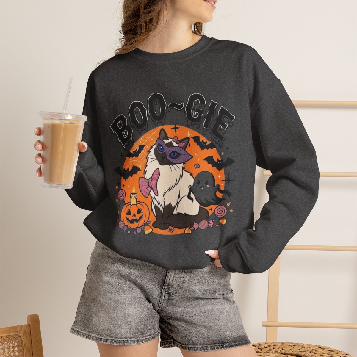 Spooky Season Halloween Cat Sweatshirt with Cute Ghost and Pumpkin Dark Heather