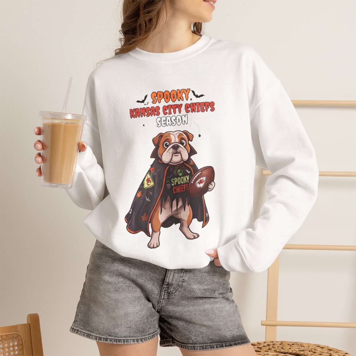 Spooky Kansas City Chiefs Bulldog Halloween Sweatshirt White