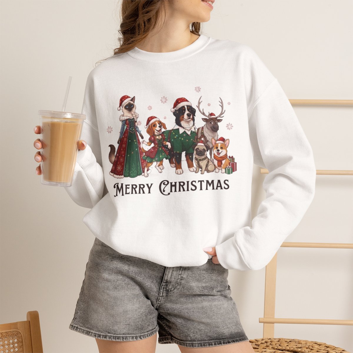 Merry Christmas Cute Pets Holiday Sweatshirt White