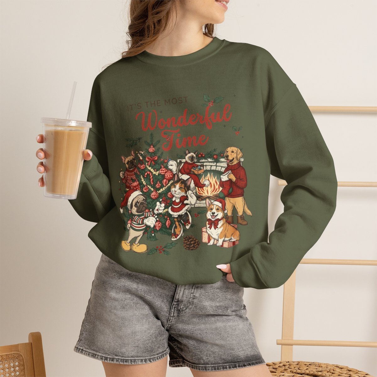Cute Christmas Pet Sweatshirt for Dog & Cat Lovers Military Green