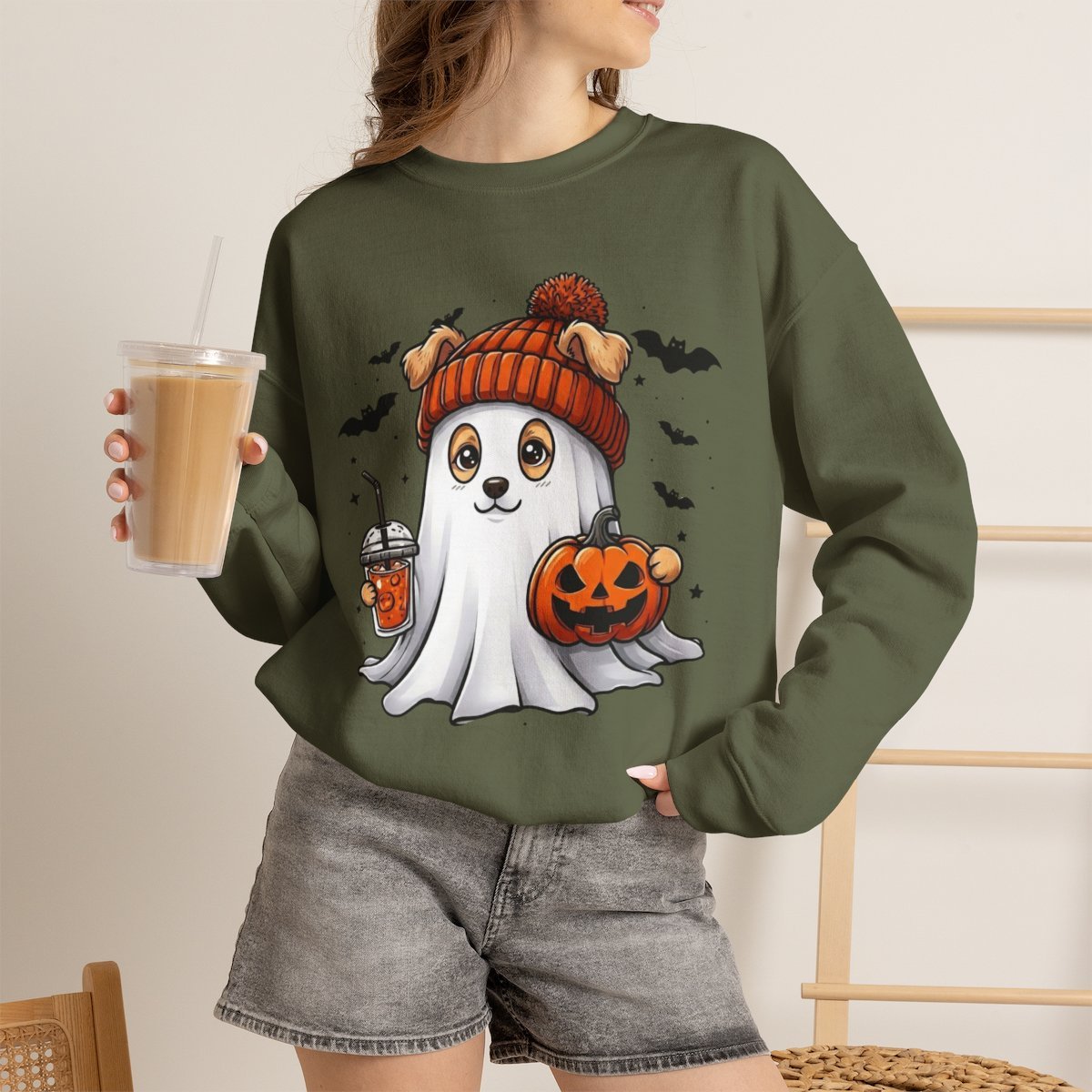 Cute Ghost Dog Halloween Sweatshirt for Pet Lovers Military Green