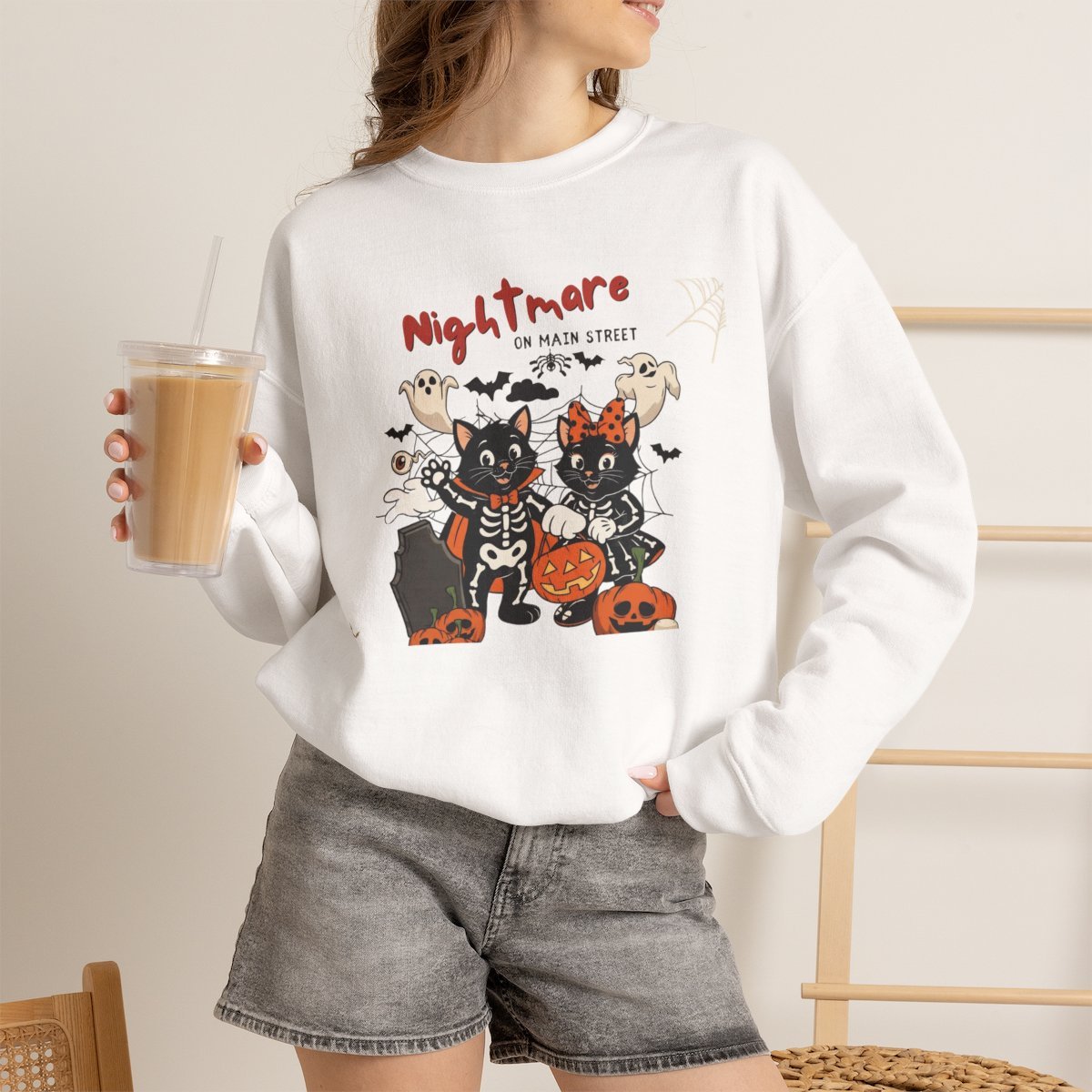 Cute Black Cat Skeleton Halloween Sweatshirt Holiday Gift White