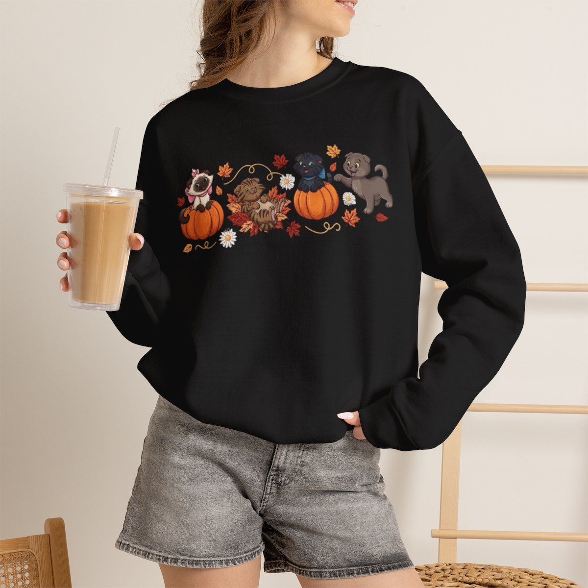 Cute Cats in Pumpkins Fall Unisex Sweatshirt | Autumn Cat Lover Gift Black