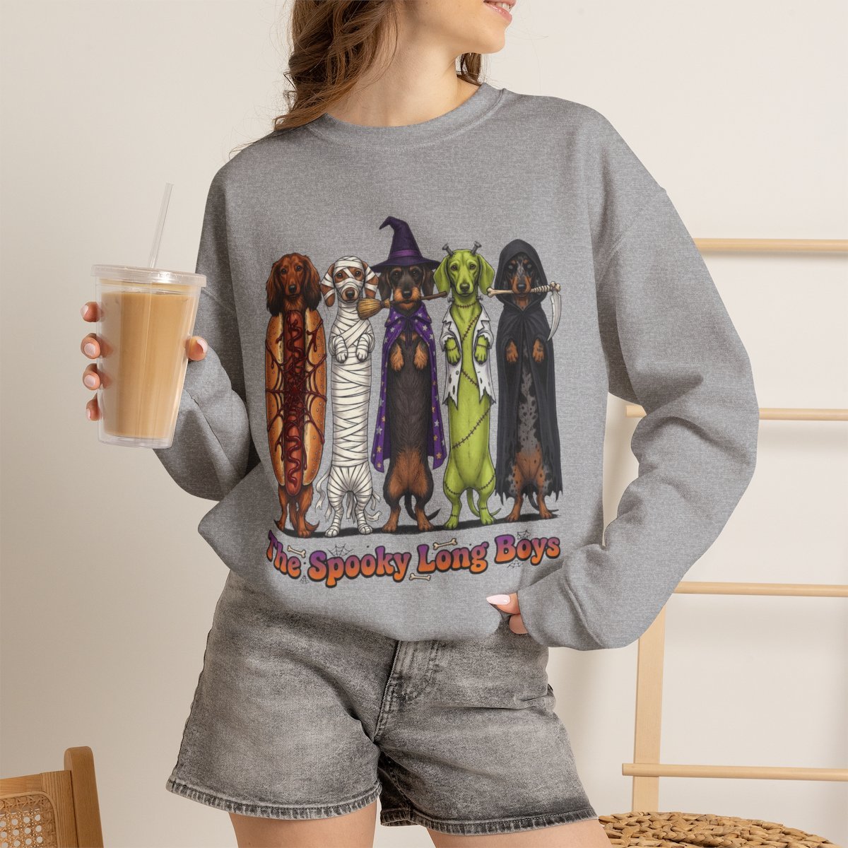 Cute Spooky Dachshund Halloween Sweatshirt for Dog Lovers Sport Grey