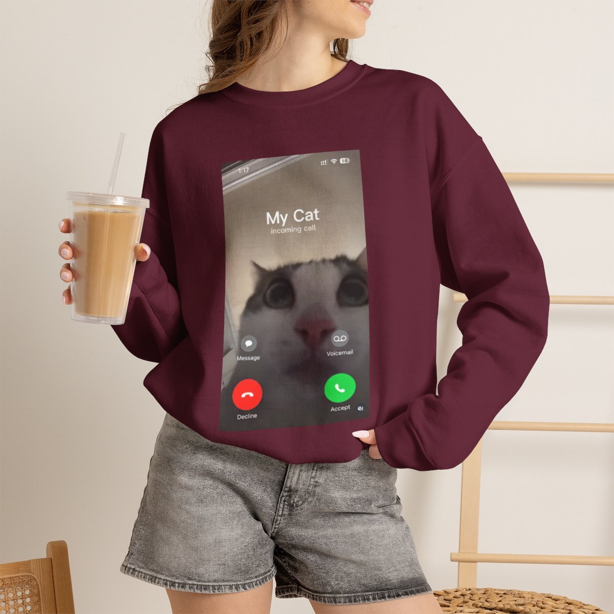 Funny Cat Calling Phone Screen Unisex Sweatshirt Pet Lover Gift Maroon