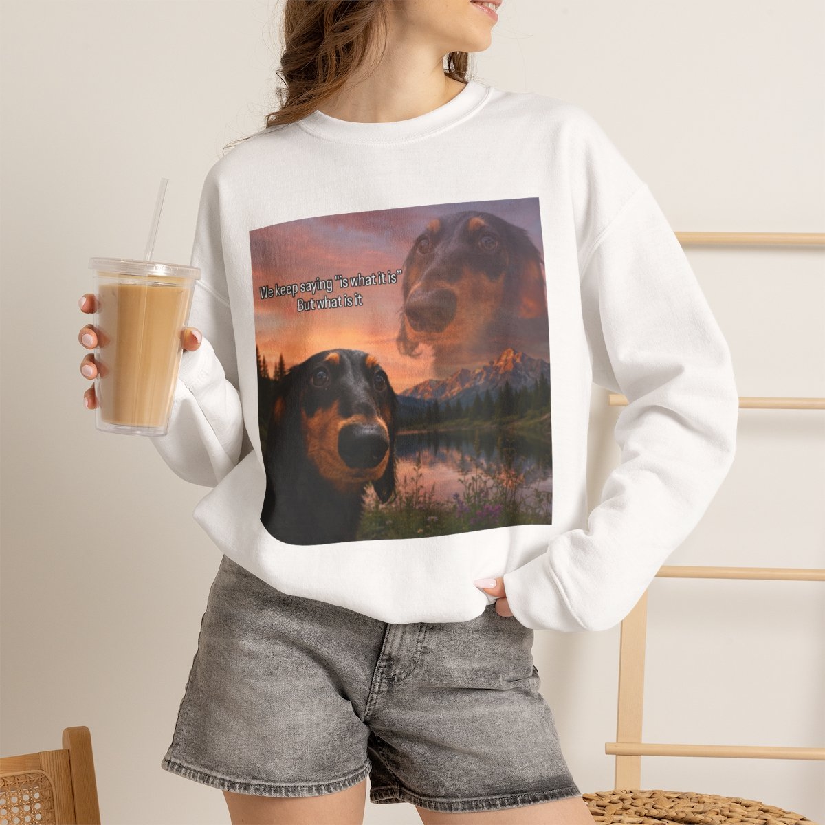 hm4lih.jpg Philosophical Dachshund Meme Unisex Sweatshirt White