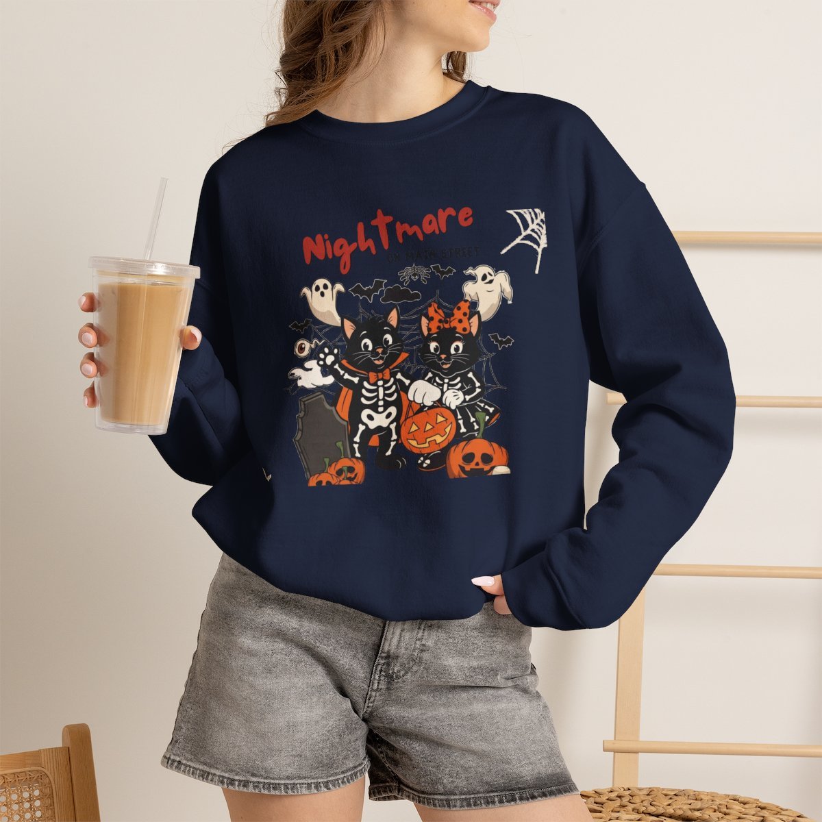 Cute Black Cat Skeleton Halloween Sweatshirt Holiday Gift Navy