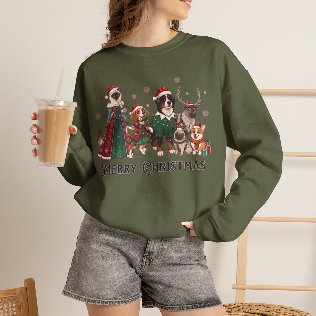 Merry Christmas Cute Pets Holiday Sweatshirt Military Green