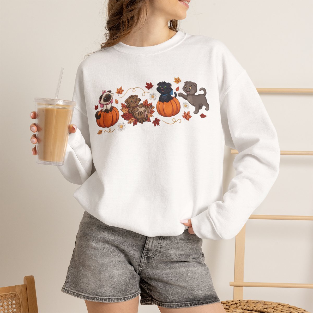Cute Cats in Pumpkins Fall Unisex Sweatshirt | Autumn Cat Lover Gift White