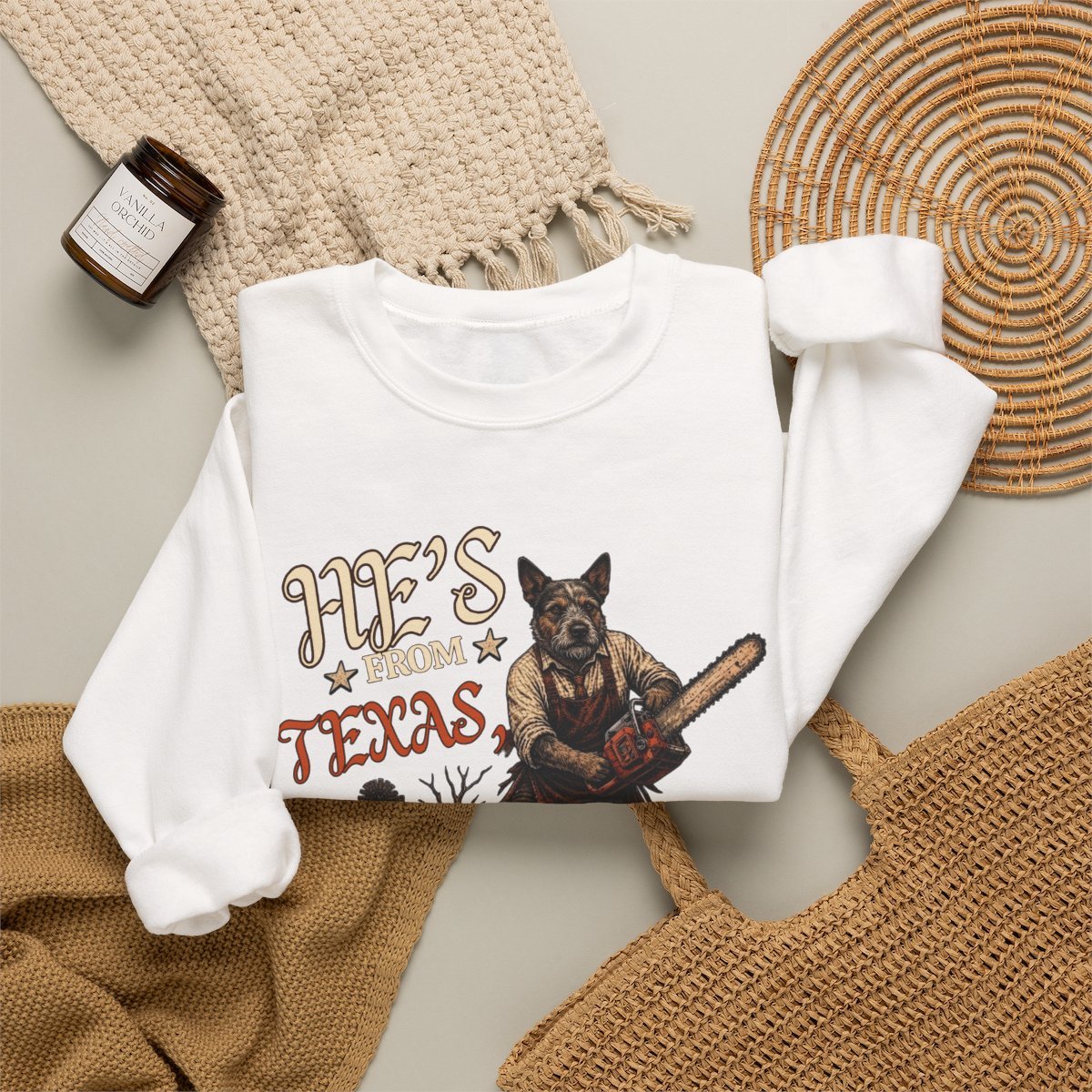 Funny Texas Dog Chainsaw Graphic Sweatshirt for Pet Lovers Detail
