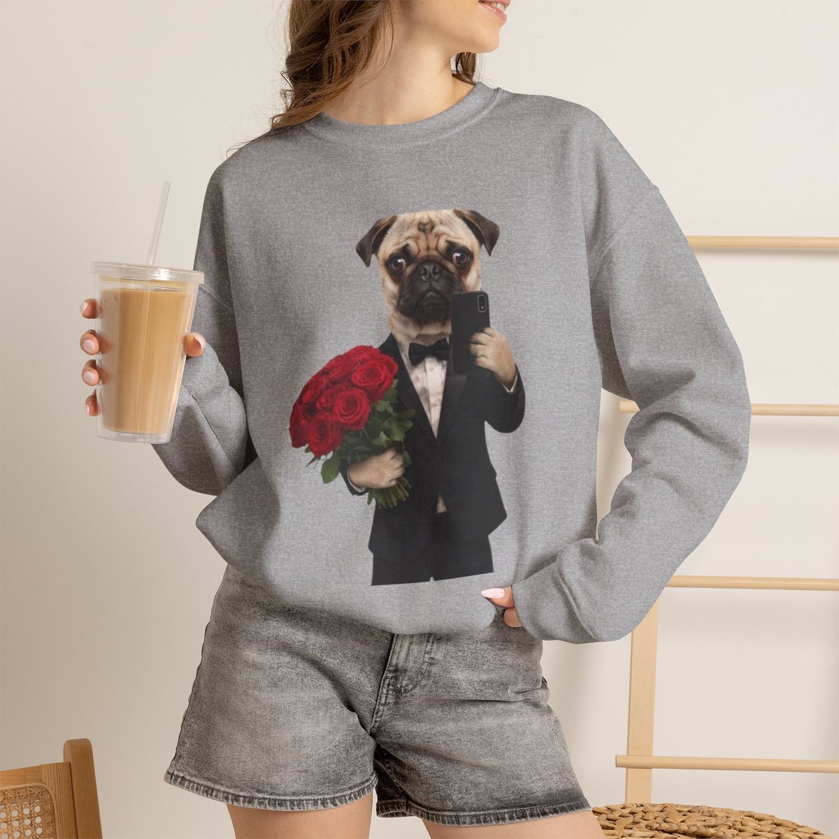 Funny Dog in Suit with Roses Sweatshirt | Cute Pet Lover Gift Sport Grey