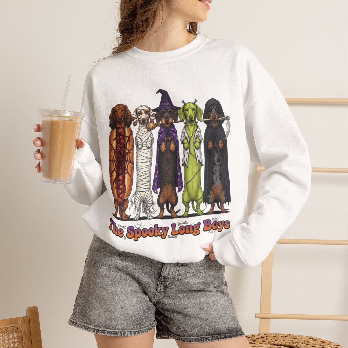 Cute Spooky Dachshund Halloween Sweatshirt for Dog Lovers White