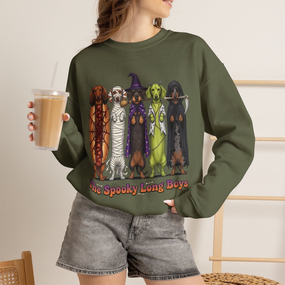Cute Spooky Dachshund Halloween Sweatshirt for Dog Lovers Military Green