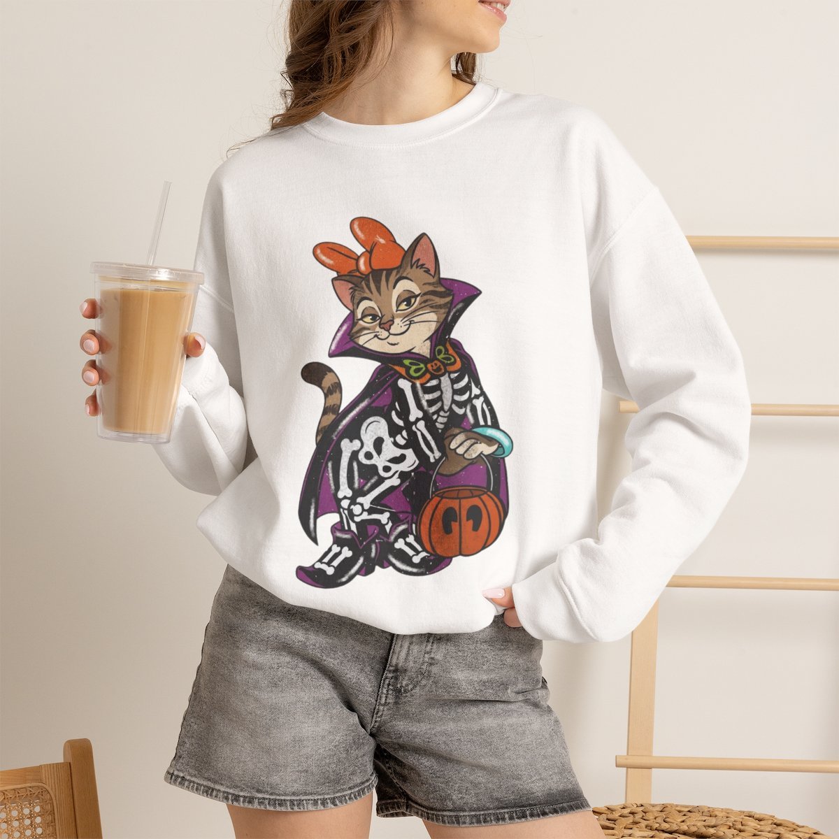 Spooky Cat Halloween Unisex Sweatshirt for Cat Lovers White