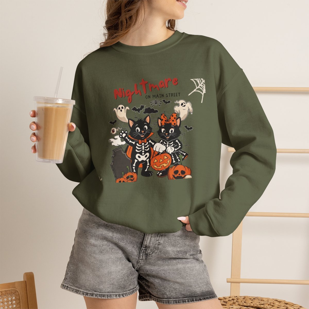 Cute Black Cat Skeleton Halloween Sweatshirt Holiday Gift Military Green