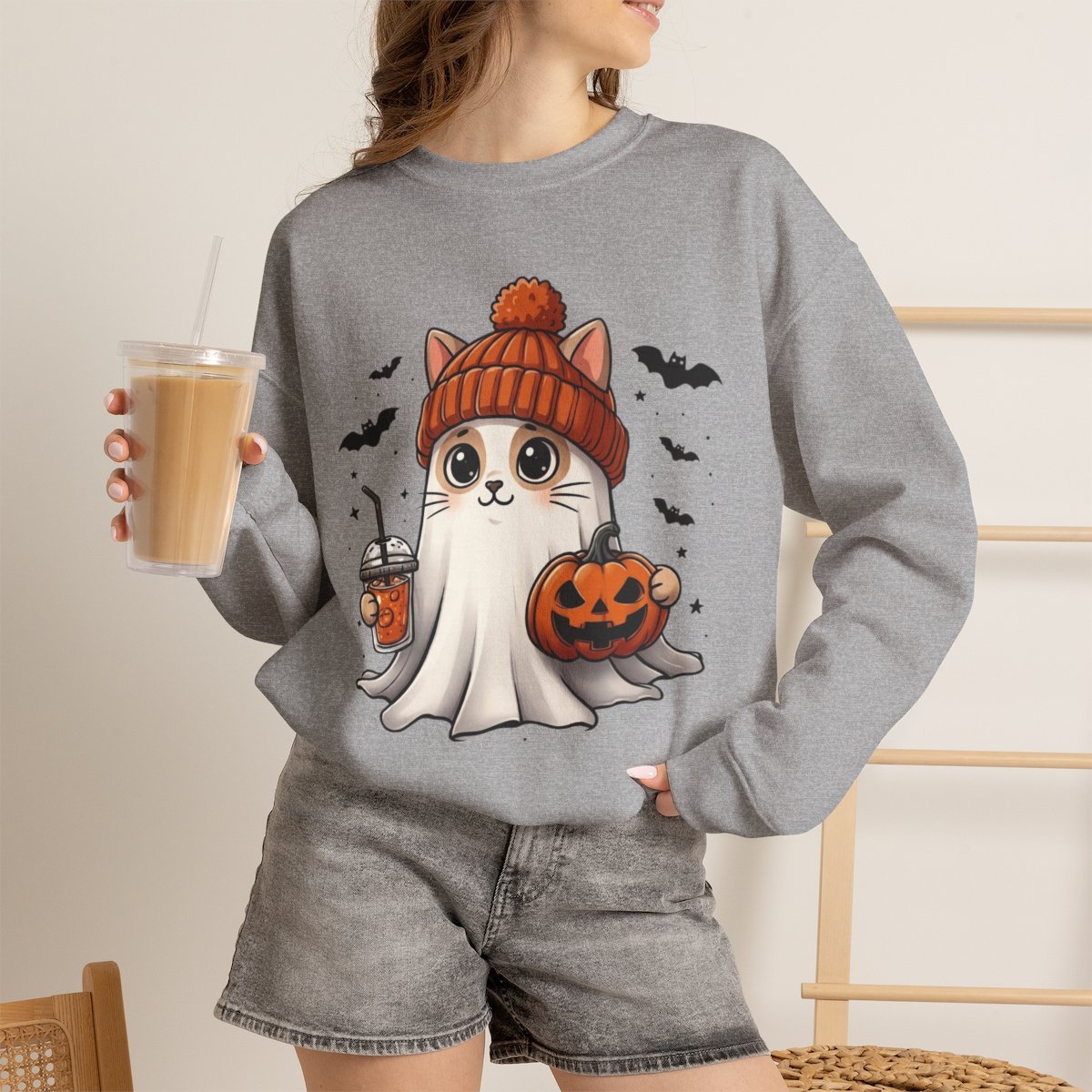 Cute Ghost Cat Halloween Coffee Sweatshirt | Spooky Season Gift for Cat Lovers Sport Grey