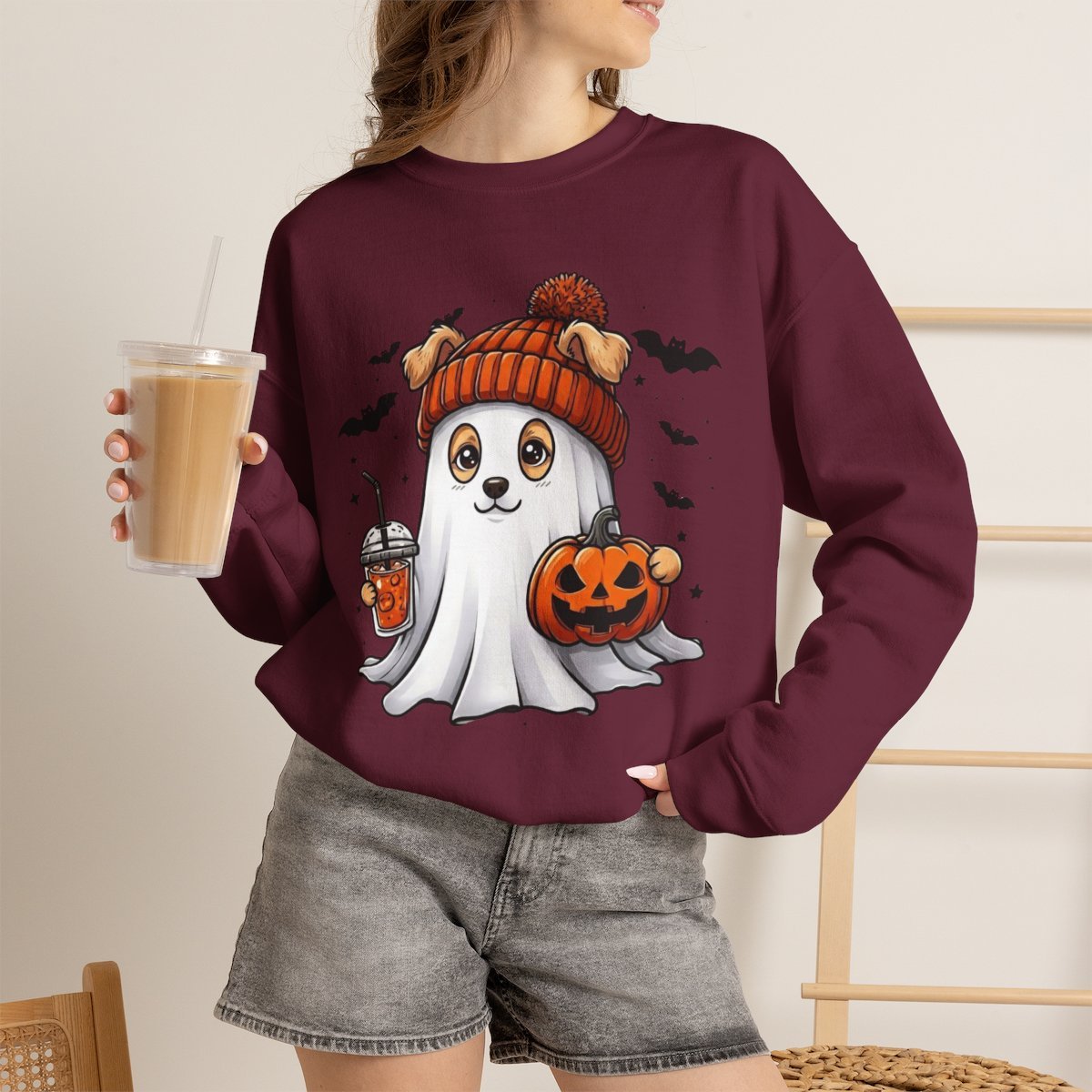Cute Ghost Dog Halloween Sweatshirt for Pet Lovers Maroon
