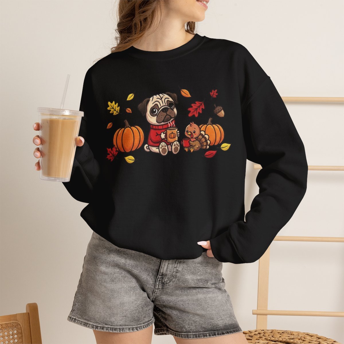 Cute Pug & Turkey Thanksgiving Sweatshirt for Pet Lovers Black