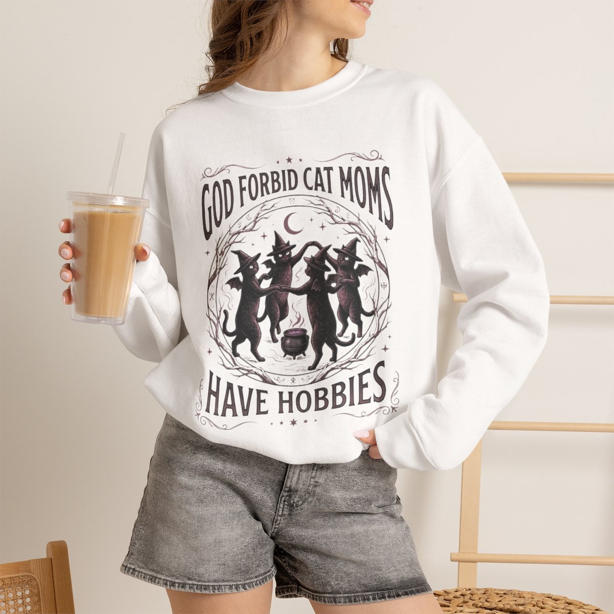 Witchy Cat Mom Sweatshirt Funny Halloween Apparel White