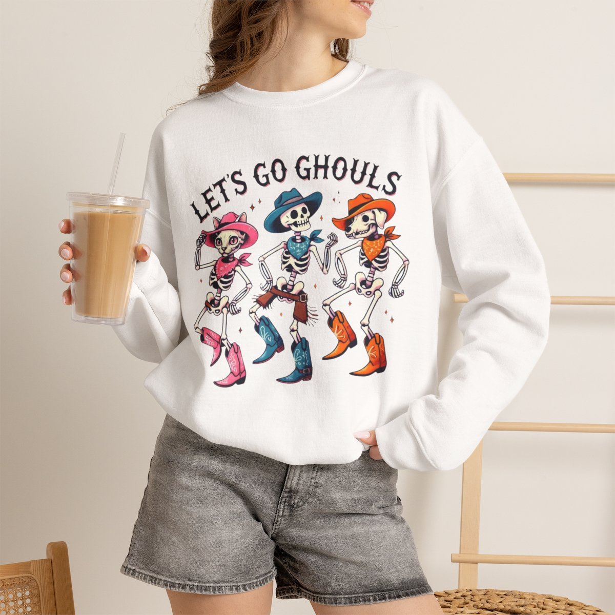o6qm0q.jpg Skeleton Cowgirl Sweatshirt Cute Halloween Pet Lover Gift White