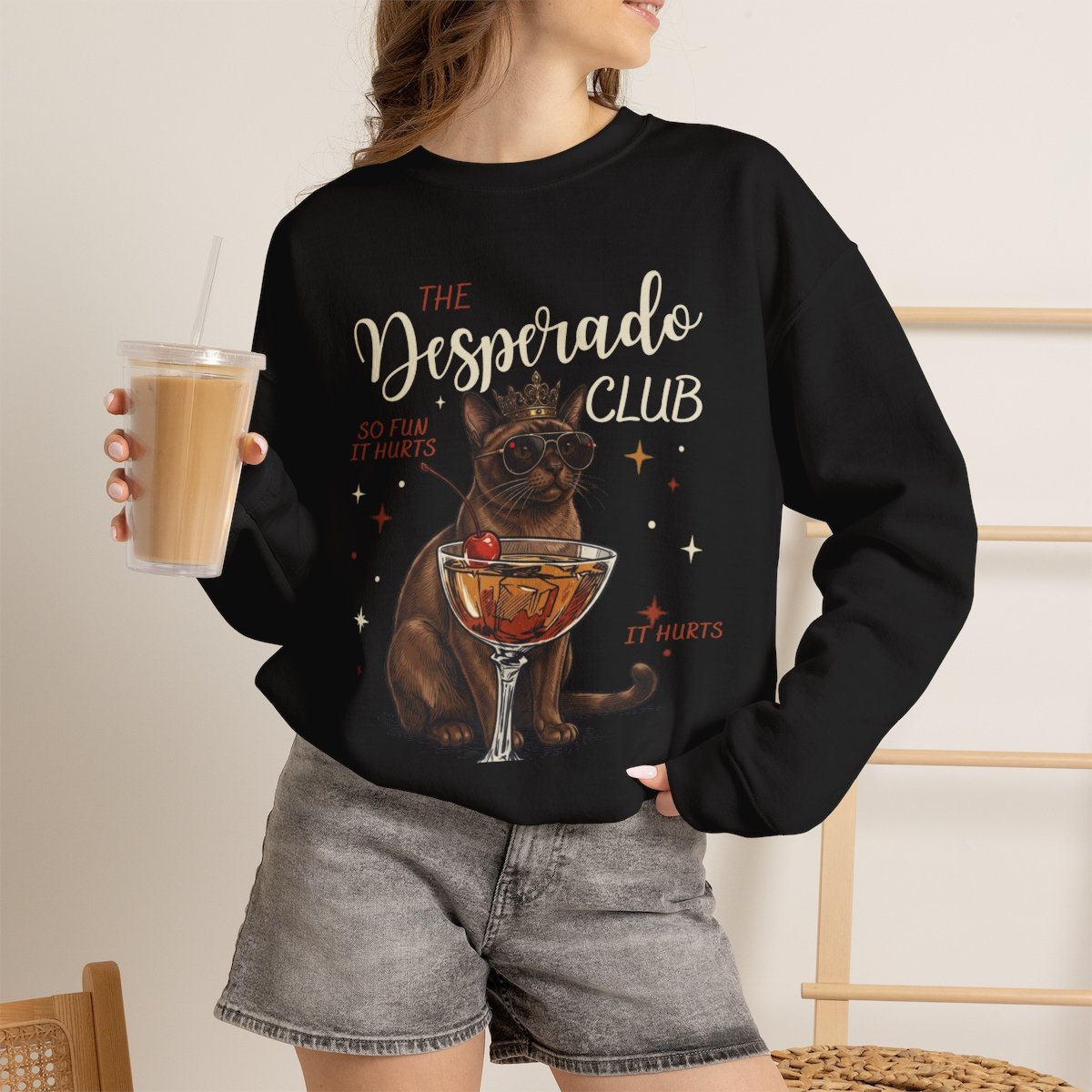 Cool Cat Cocktail Unisex Sweatshirt Funny Pet Lover Apparel Black