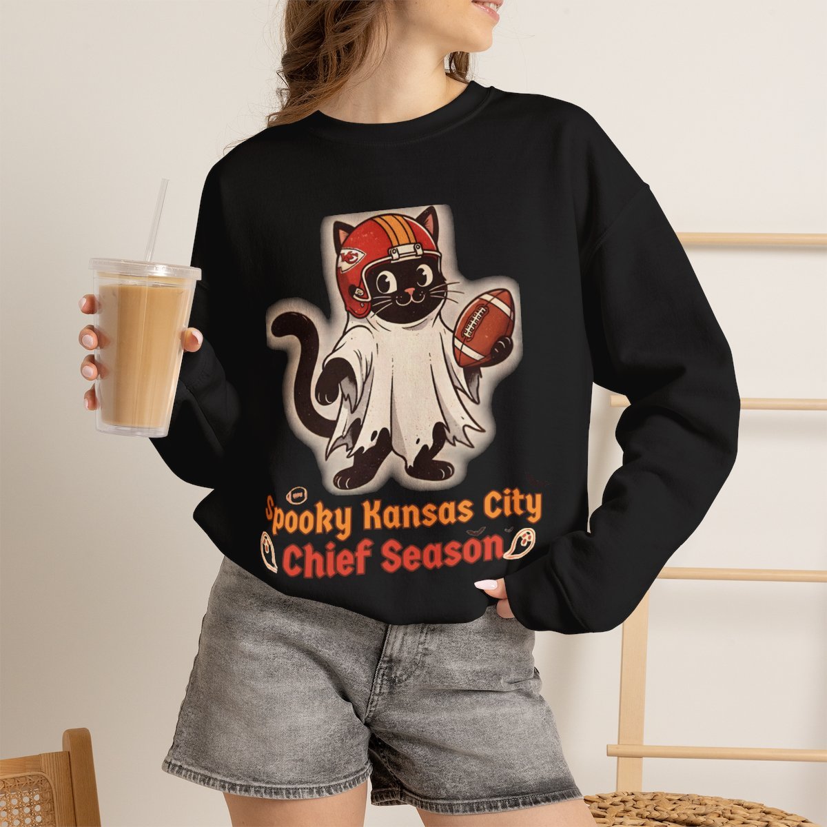 Spooky Kansas City Football Cat Halloween Unisex Sweatshirt Black
