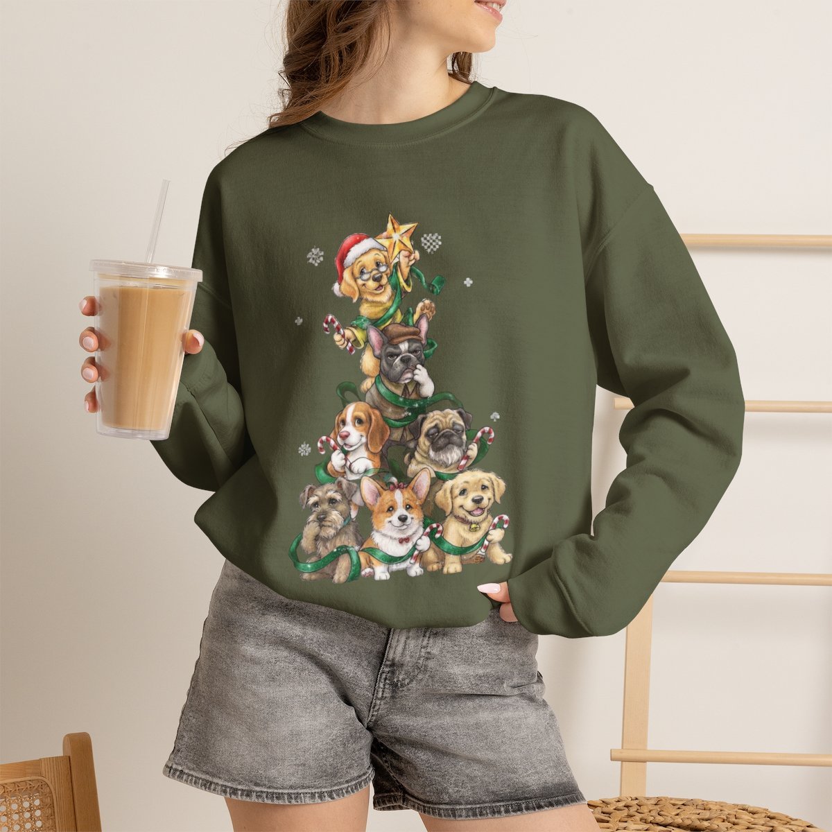 Cute Dog Christmas Tree Holiday Sweatshirt for Pet Lovers Military Green