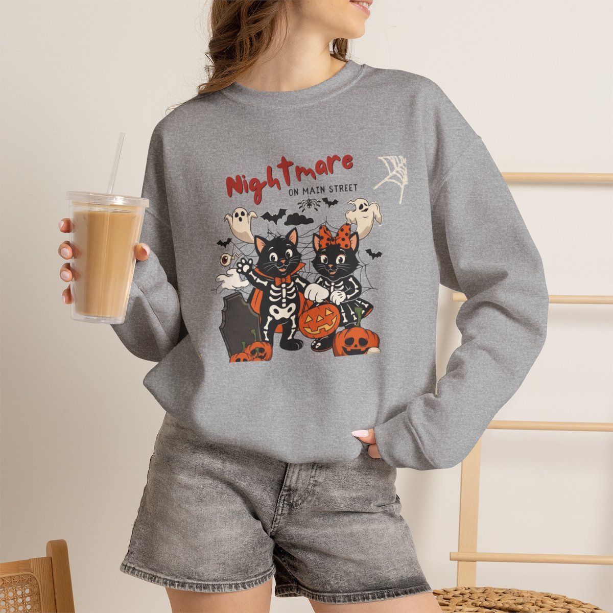 Cute Black Cat Skeleton Halloween Sweatshirt Holiday Gift Sport Grey