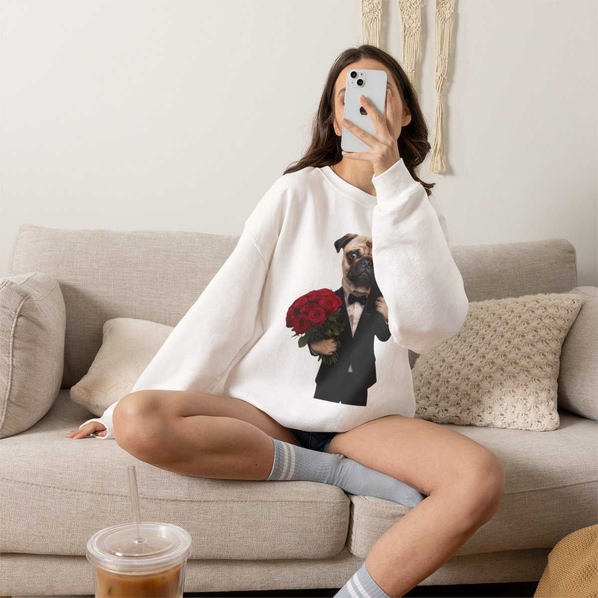 Funny Dog in Suit with Roses Sweatshirt | Cute Pet Lover Gift Detail