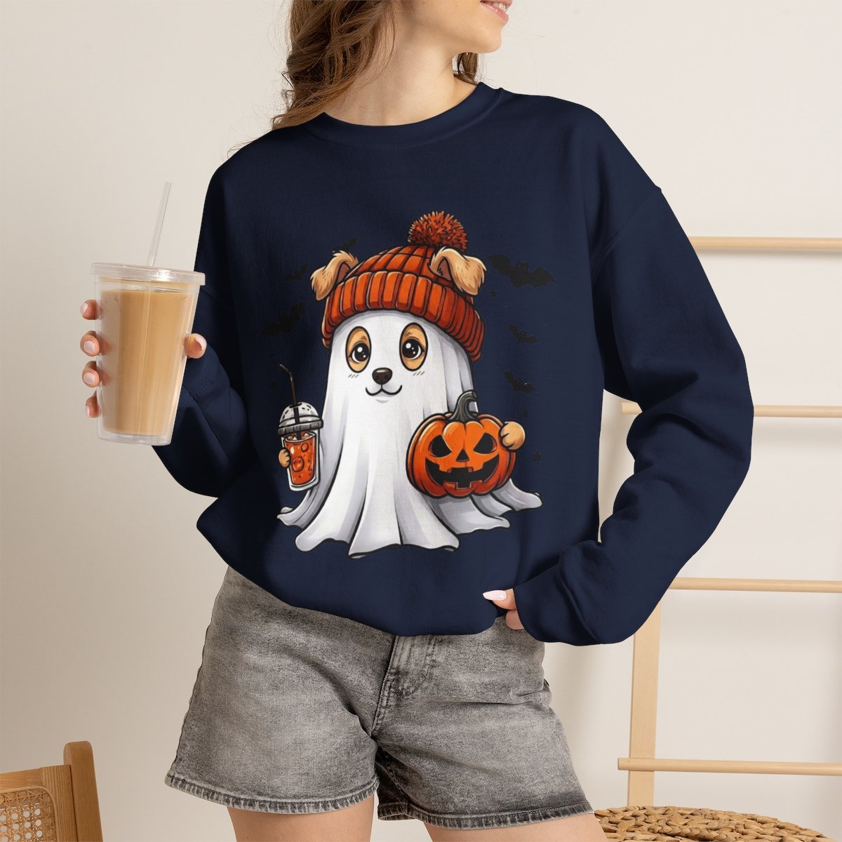 Cute Ghost Dog Halloween Sweatshirt for Pet Lovers Navy