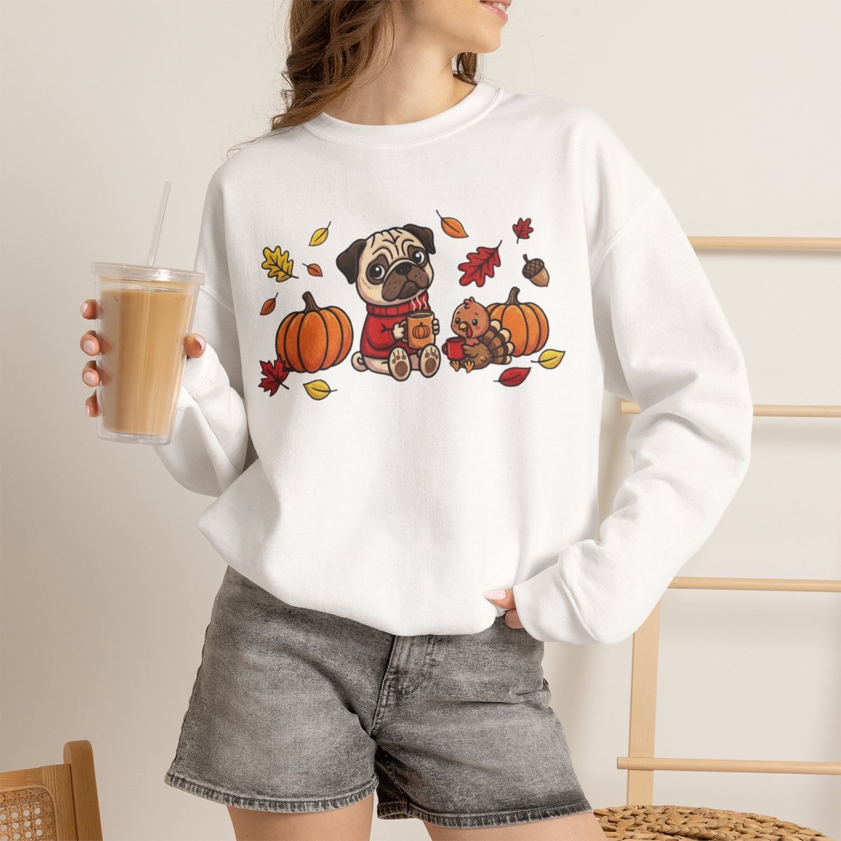 Cute Pug & Turkey Thanksgiving Sweatshirt for Pet Lovers White