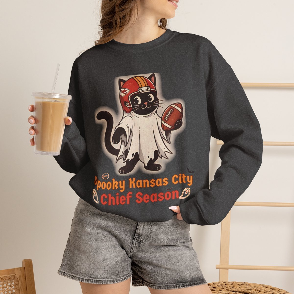 Spooky Kansas City Football Cat Halloween Unisex Sweatshirt Dark Heather