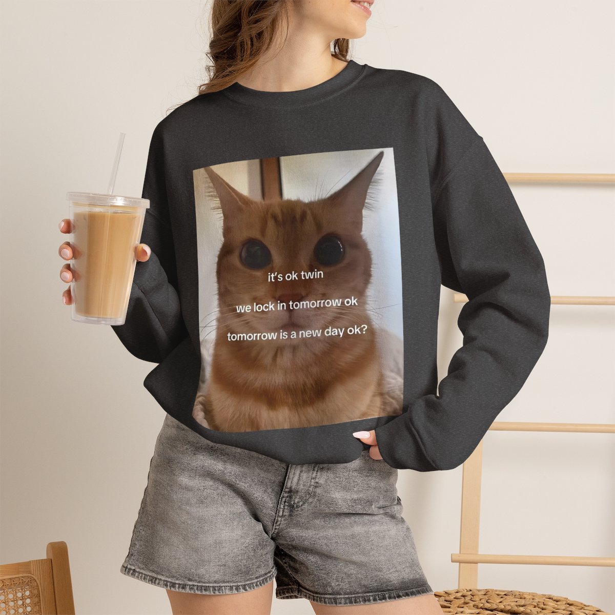 Funny Cat Meme Sweatshirt - Cute Comfort Apparel for Pet Lovers Dark Heather