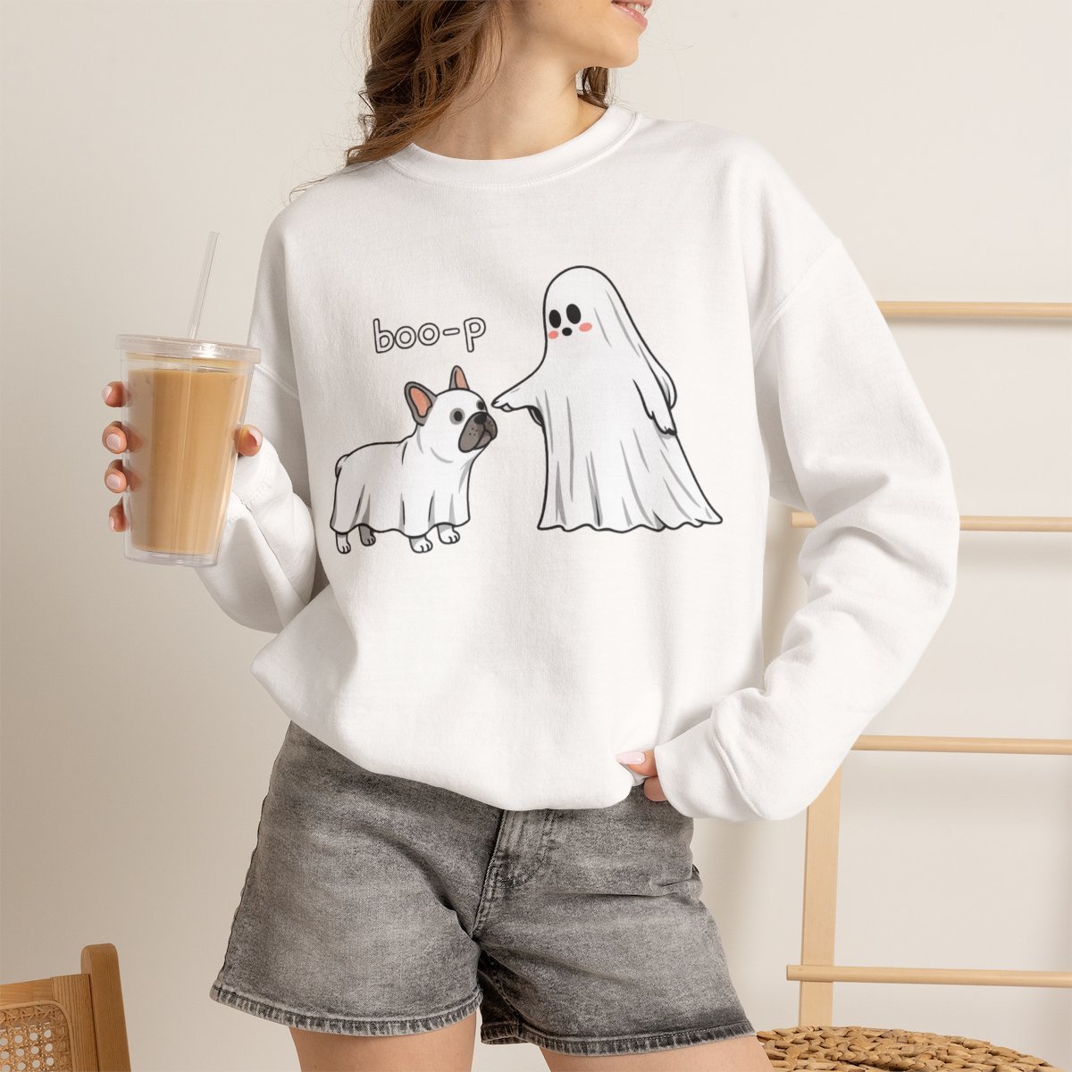Cute Ghost Dog Halloween Sweatshirt for Pet Lovers White