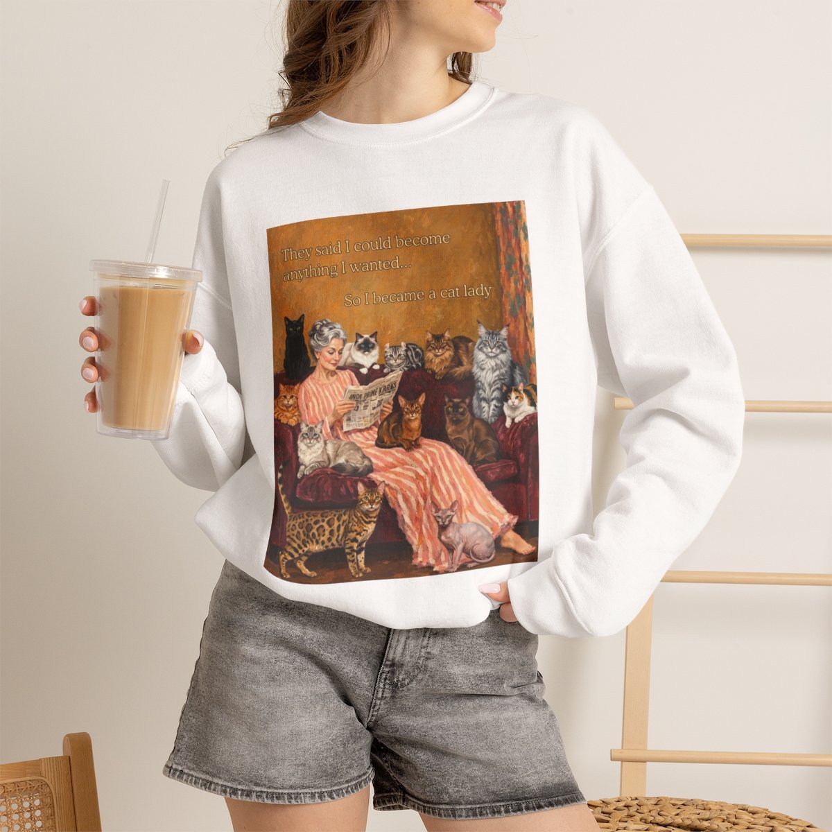 Funny Cat Lady Sweatshirt for Pet Lovers White