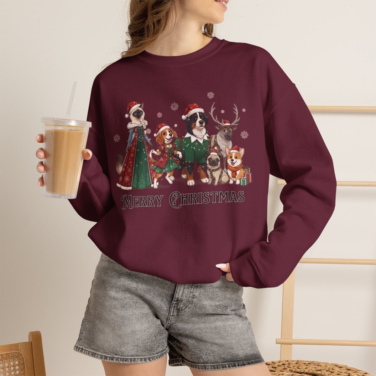 Merry Christmas Cute Pets Holiday Sweatshirt Maroon