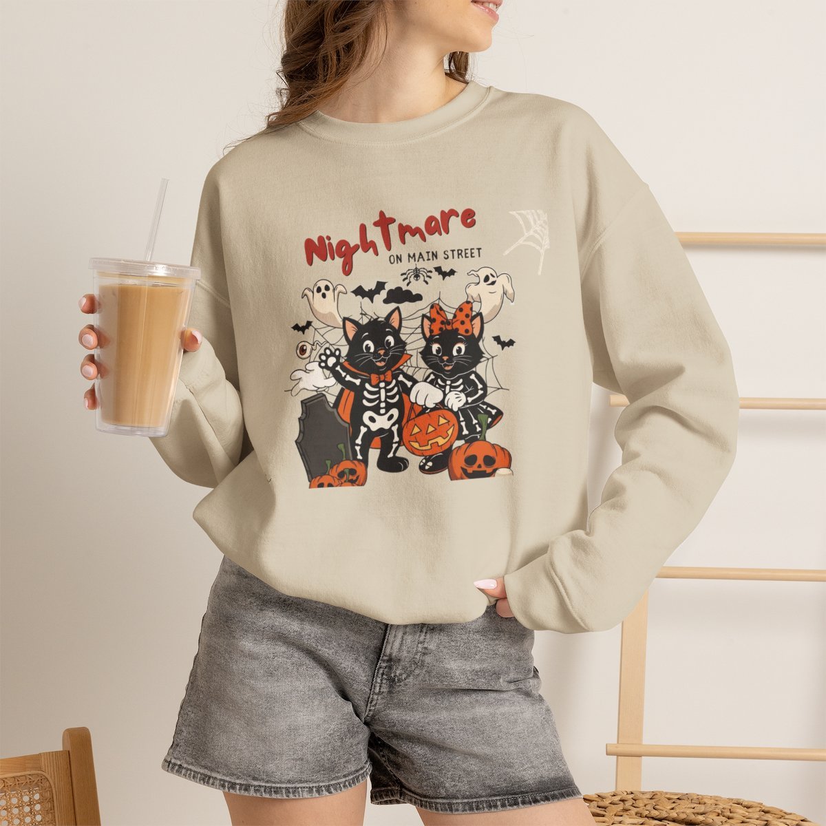 Cute Black Cat Skeleton Halloween Sweatshirt Holiday Gift Sand