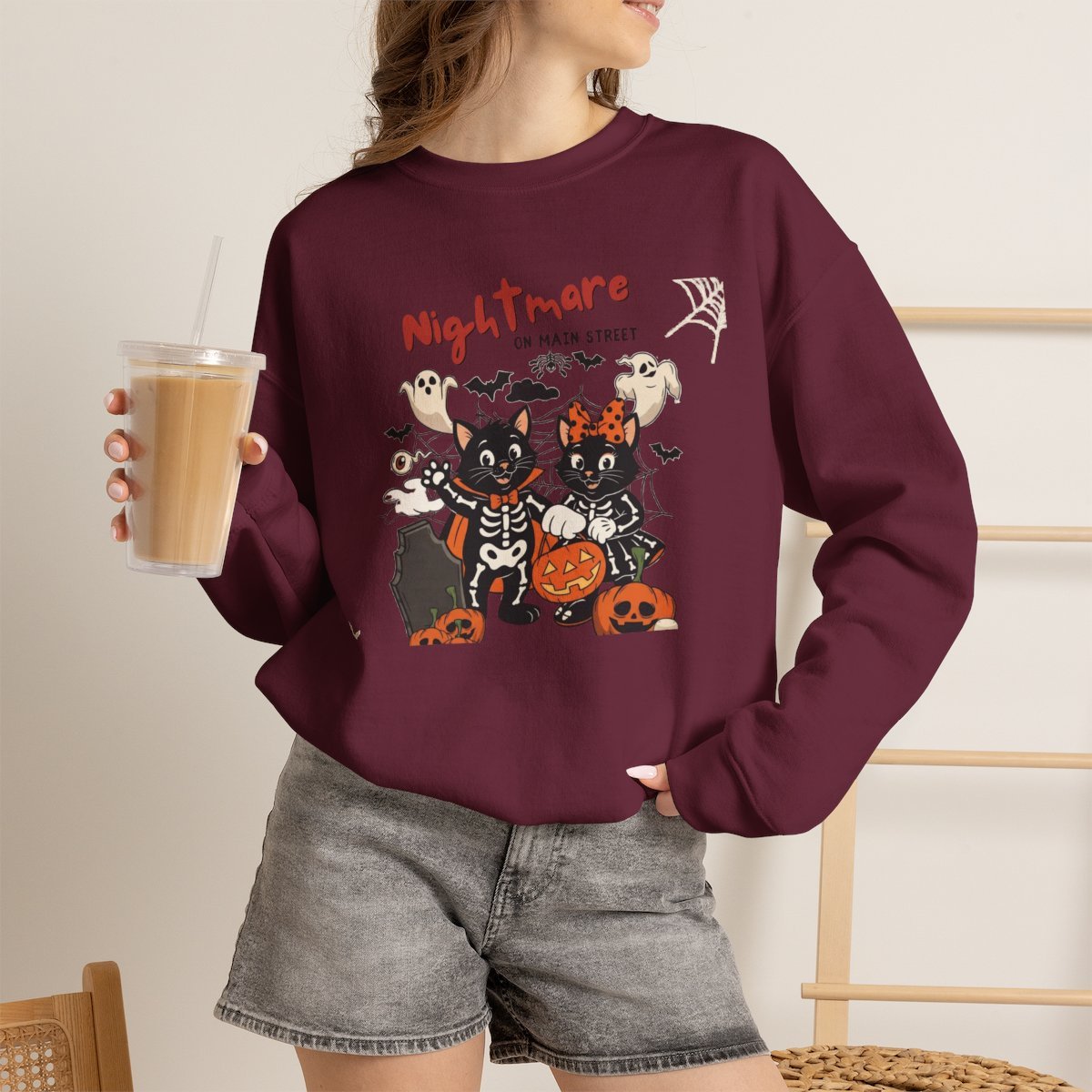Cute Black Cat Skeleton Halloween Sweatshirt Holiday Gift Maroon