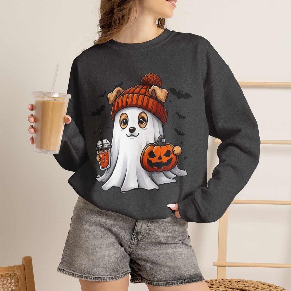 Cute Ghost Dog Halloween Sweatshirt for Pet Lovers Dark Heather