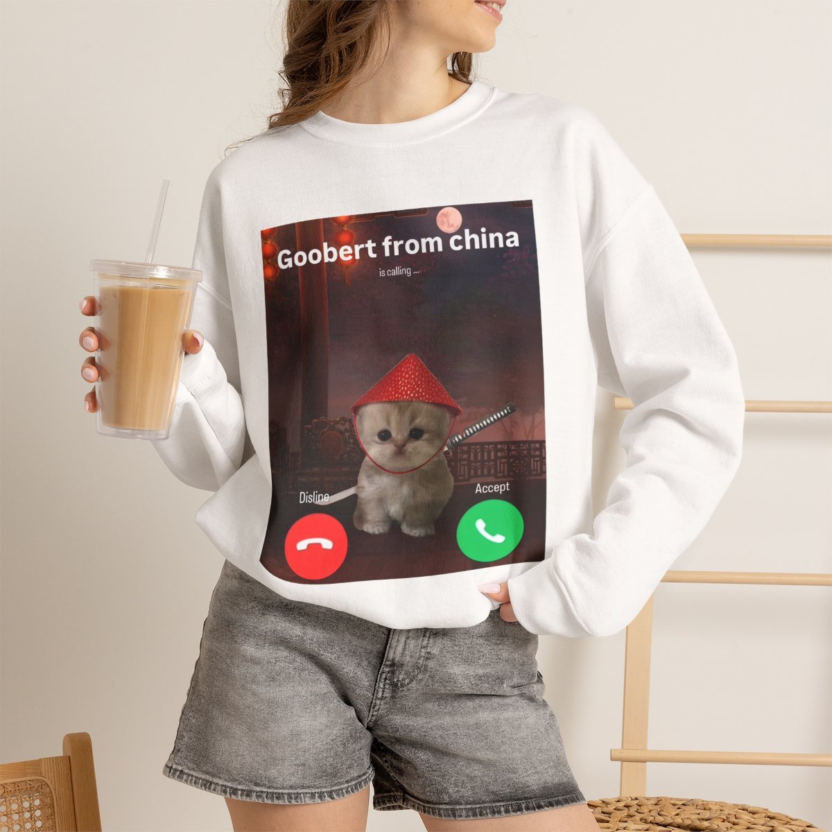 Funny Goobert From China Cat Meme Unisex Sweatshirt White