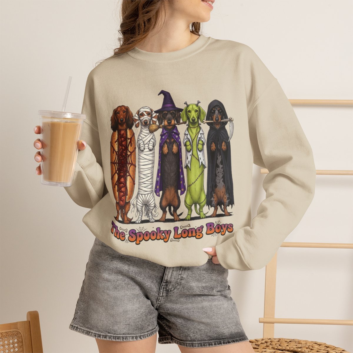 Cute Spooky Dachshund Halloween Sweatshirt for Dog Lovers Sand