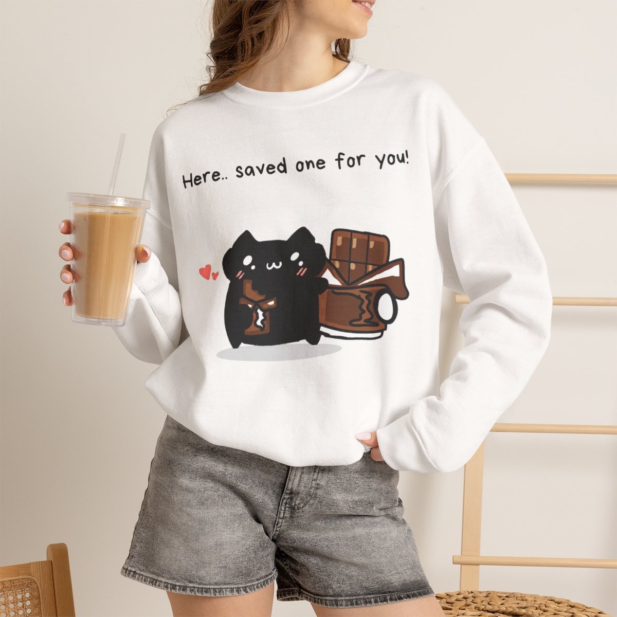 u1jdj6.jpg Cute Black Cat Sharing Chocolate Sweatshirt | Cozy Animal Merch Gift White