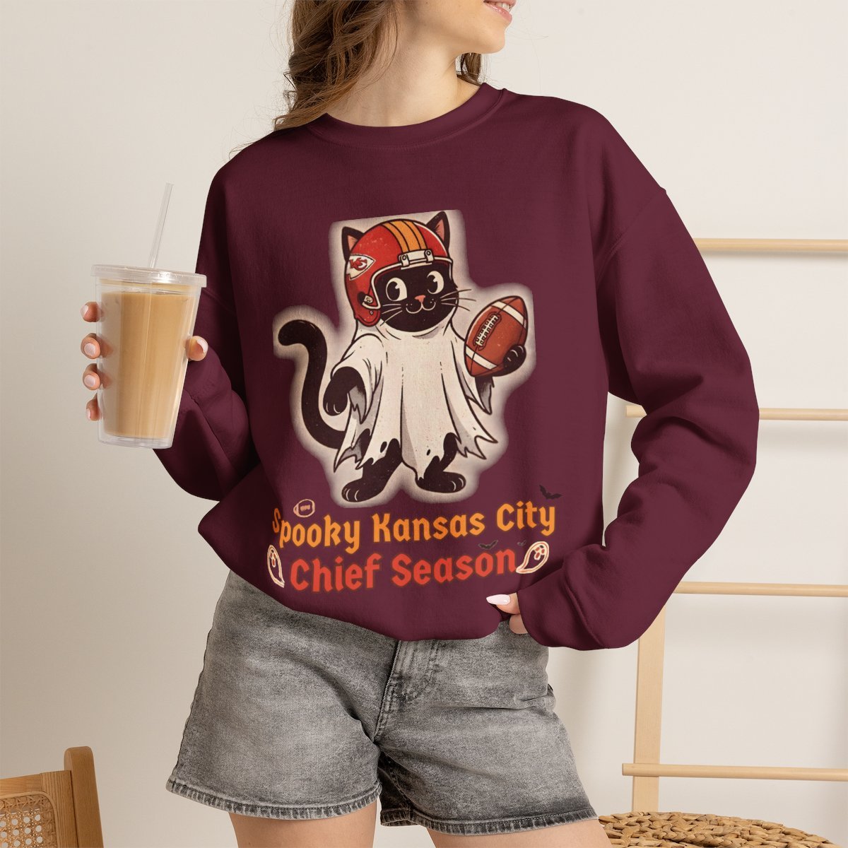 Spooky Kansas City Football Cat Halloween Unisex Sweatshirt Maroon