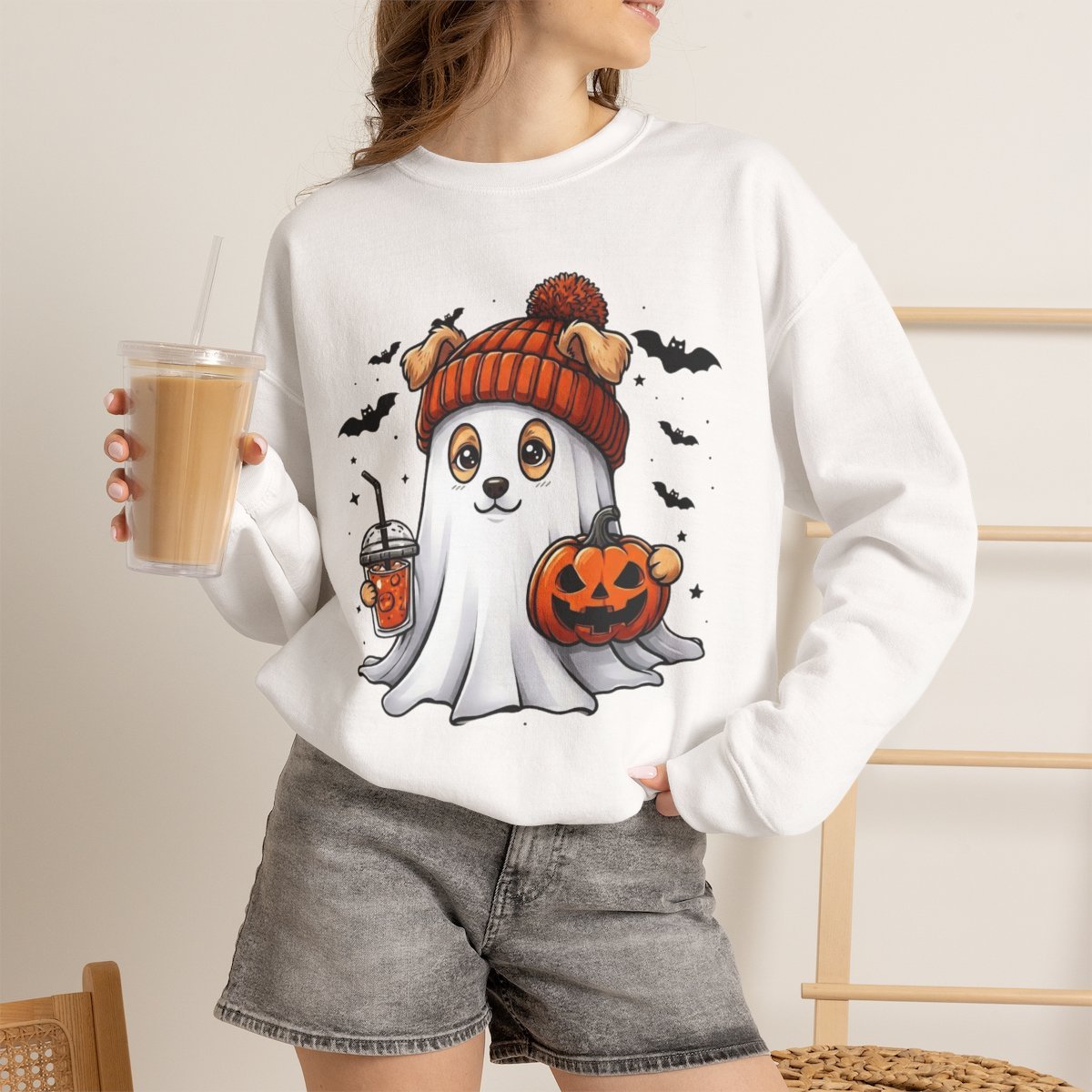 Cute Ghost Dog Halloween Sweatshirt for Pet Lovers White
