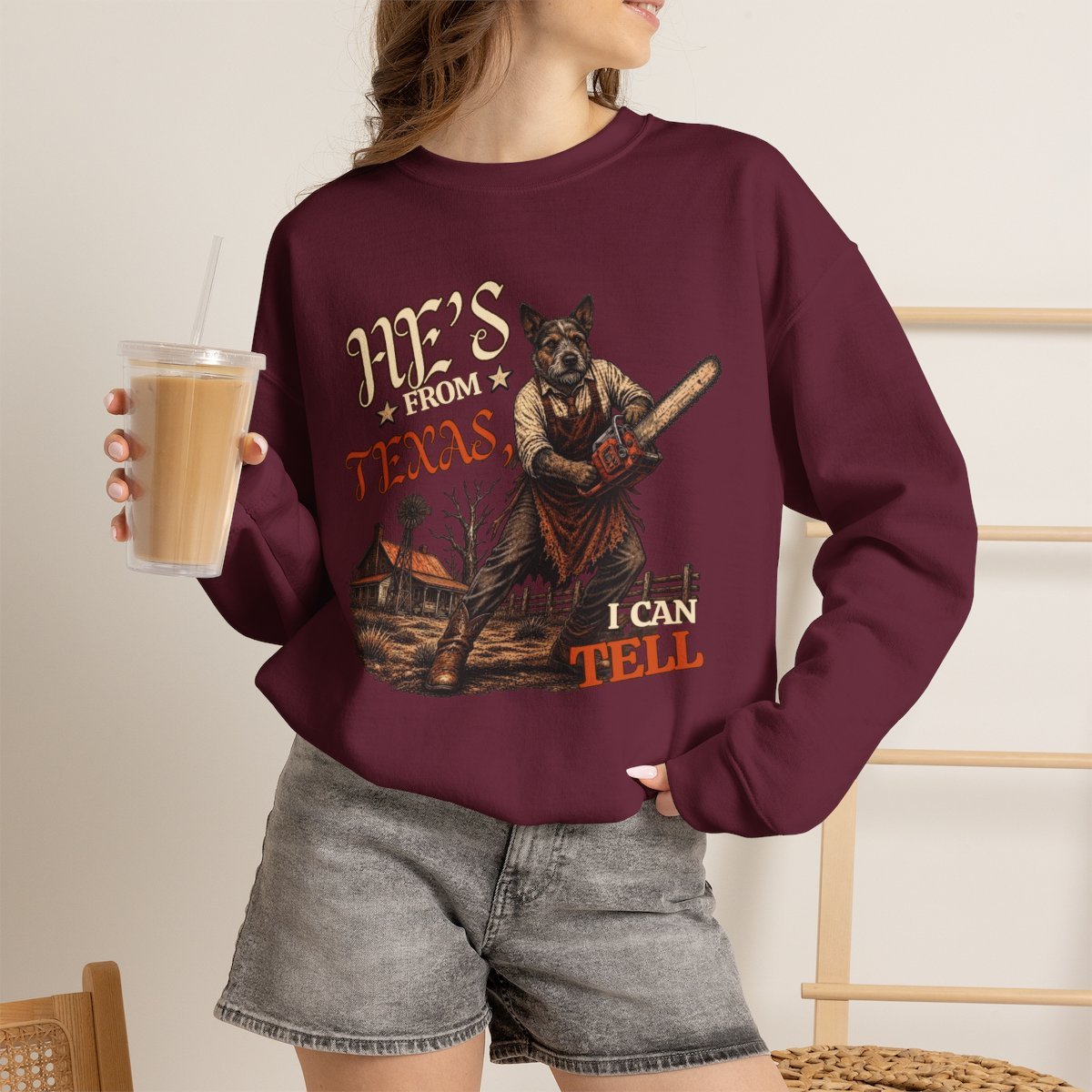 Funny Texas Dog Chainsaw Graphic Sweatshirt for Pet Lovers Maroon
