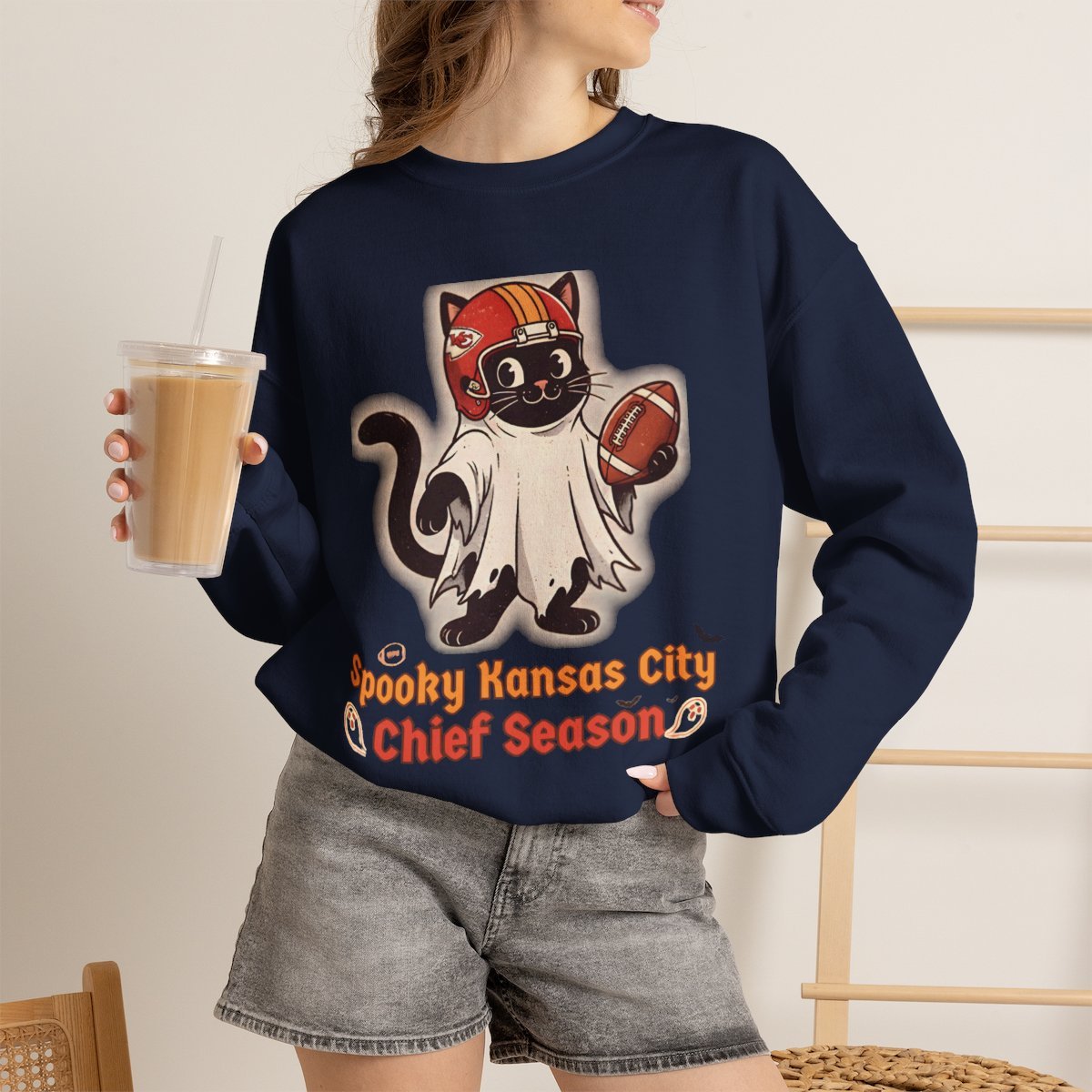Spooky Kansas City Football Cat Halloween Unisex Sweatshirt Navy