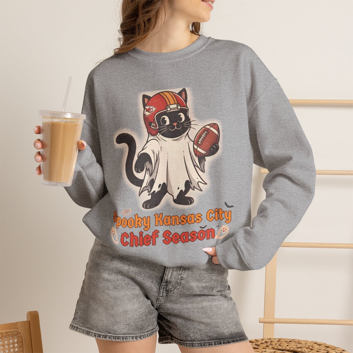 Spooky Kansas City Football Cat Halloween Unisex Sweatshirt Sport Grey