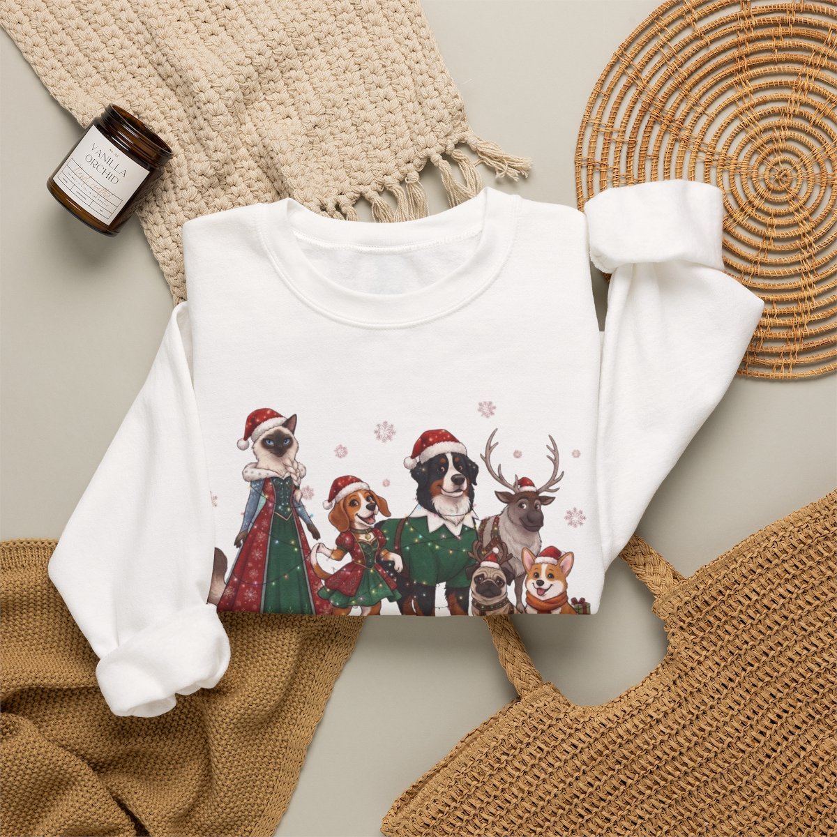 Merry Christmas Cute Pets Holiday Sweatshirt Detail